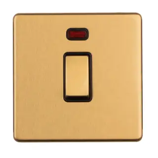 ECSB20ADPSWNB - Eurolite 1 Gang 20Amp DP Switch & Neon Indicator on 3mm Flat Concealed Satin Brass Plate with Black Rocker