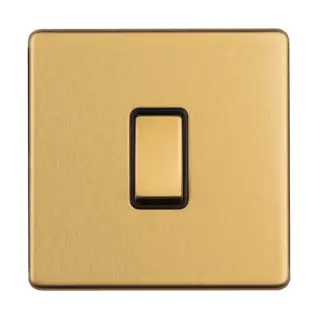 ECSB20ADPSWB - Eurolite 1 Gang 20Amp DP Switch on 3mm Flat Concealed Satin Brass Plate with Black Rocker