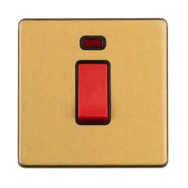 Click Here To Enlarge This Photo Of ECSB45ASWNSB - Eurolite 1 Gang 45Amp DP Switch with Neon Indicator on 3mm Flat Concealed Satin Brass Plate with Red Rocker