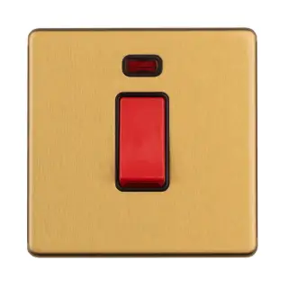 ECSB45ASWNSB - Eurolite 1 Gang 45Amp DP Switch with Neon Indicator on 3mm Flat Concealed Satin Brass Plate with Red Rocker
