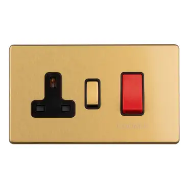 Click Here To Enlarge This Photo Of ECSB45ASWASB - Eurolite 45Amp DP Cooker Switch with 13Amp Socket on 3mm Flat Concealed Satin Brass Plate with Red Rockers
