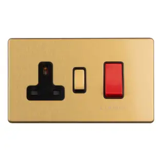 ECSB45ASWASB - Eurolite 45Amp DP Cooker Switch with 13Amp Socket on 3mm Flat Concealed Satin Brass Plate with Red Rockers