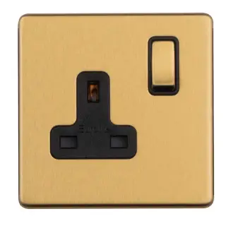 ECSB1SOB - Eurolite 1 Gang 13Amp DP Switched Socket on 3mm Flat Concealed Satin Brass Plate with Black Rocker