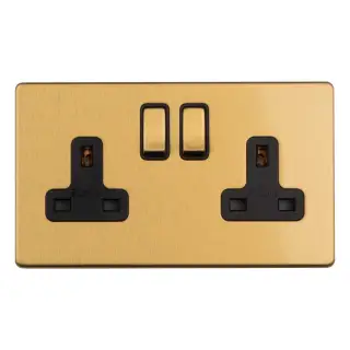 ECSB2SOB - Eurolite 2 Gang 13Amp DP Switched Socket on 3mm Flat Concealed Satin Brass Plate with Black Rockers