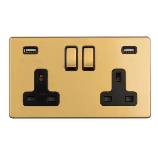 ECSB2USBB - Eurolite 2 Gang 13Amp DP Switched Socket with Combined 3.1 Amp USB Outlets on 3mm Flat Concealed Satin Brass Plate with Black Rockers