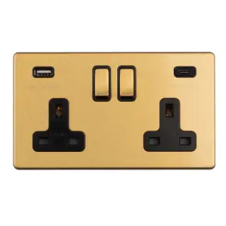 ECSB2USBCB - Eurolite 2 Gang 13Amp DP Switched Socket with 3.1Amp USB Outlet (1x Type A + 1x Type C) on 3mm Flat Concealed Satin Brass Plate with Matching Rocker