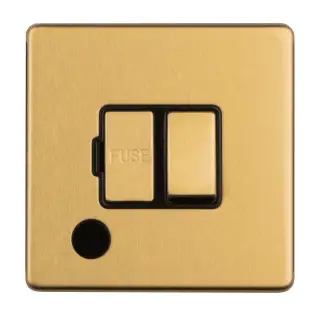 ECSBSWFFOB - Eurolite 13Amp Switched Fuse Spur with Flex Outlet on 3mm Flat Concealed Satin Brass Plate with Black Trim