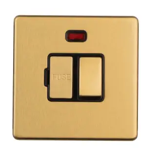 ECSBSWFNB - Eurolite 13Amp Switched Fuse Spur with Neon Indicator on 3mm Flat Concealed Satin Brass Plate with Black Rocker