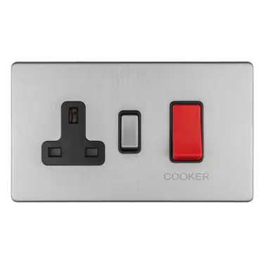 Click Here To Enlarge This Photo Of ECSS45ASWASB - Eurolite 45Amp DP Cooker Switch with 13Amp Socket on 3mm Flat Concealed Satin Stainless Plate with Matching Rocker