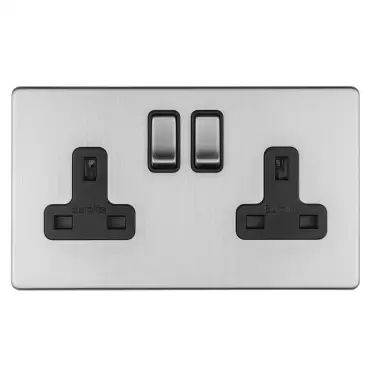 Click Here To Enlarge This Photo Of ECSS2SOB - Eurolite 2 Gang 13Amp DP Switched Socket on 3mm Flat Concealed Satin Stainless Plate with Matching Rocker & Black Trim