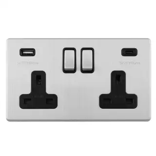 ECSS2USBCB - Eurolite 2 Gang 13Amp DP Switched Socket with 3.1Amp USB Outlet (1x Type A + 1x Type C) on 3mm Flat Concealed Satin Stainless Steel Plate with Black Trim