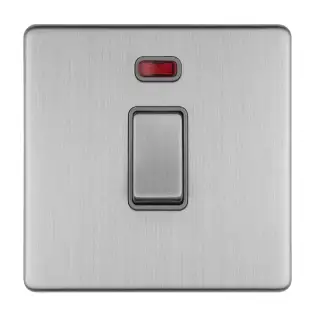 ECSS20ADPSWNG - Eurolite 1 Gang 20Amp DP Switch & Neon Indicator on 3mm Flat Concealed Satin Stainless Plate with Matching Rocker & Grey Trim