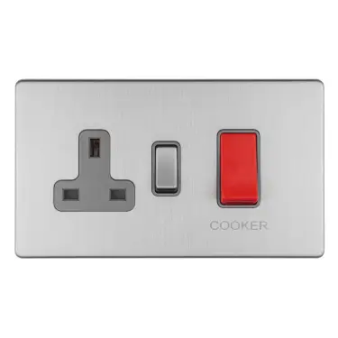 Click Here To Enlarge This Photo Of ECSS45ASWASG - Eurolite 45Amp DP Cooker Switch with 13Amp Socket on 3mm Flat Concealed Satin Stainless Plate with Matching Rocker & Grey Trim