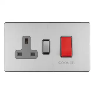 ECSS45ASWASG - Eurolite 45Amp DP Cooker Switch with 13Amp Socket on 3mm Flat Concealed Satin Stainless Plate with Matching Rocker & Grey Trim