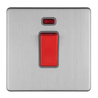 ECSS45ASWNSG - Eurolite 1 Gang 45Amp DP Switch with Neon Indicator on 3mm Flat Concealed Satin Stainless Plate with Matching Rocker & Grey Trim