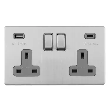 Click Here To Enlarge This Photo Of ECSS2USBCG - Eurolite 2 Gang 13Amp DP Switched Socket with 3.1Amp USB Outlets (1x Type A + 1x Type C) Matching Rocker & Grey Trim