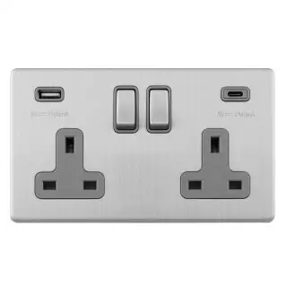 ECSS2USBCG - Eurolite 2 Gang 13Amp DP Switched Socket with 3.1Amp USB Outlets (1x Type A + 1x Type C) Matching Rocker & Grey Trim