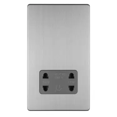 Click Here To Enlarge This Photo Of ECSSSHSG - Eurolite 2 Gang Shaver Socket 230/115V on 3mm Flat Concealed Satin Stainless Plate with Grey Trim