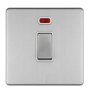 ECSS20ADPSWNW - Eurolite 1 Gang 20Amp DP Switch & Neon Indicator on 3mm Flat Concealed Satin Stainless Plate with Matching Rocker & White Trim