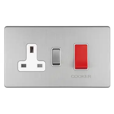 Click Here To Enlarge This Photo Of ECSS45ASWASW - Eurolite 45Amp DP Cooker Switch with 13Amp Socket on 3mm Flat Concealed Satin Stainless Plate with Matching Rocker & White Trim