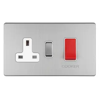 ECSS45ASWASW - Eurolite 45Amp DP Cooker Switch with 13Amp Socket on 3mm Flat Concealed Satin Stainless Plate with Matching Rocker & White Trim