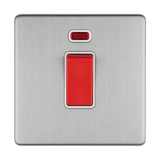 ECSS45ASWNSW - Eurolite 1 Gang 45Amp DP Switch with Neon Indicator on 3mm Flat Concealed Satin Stainless Plate with Matching Rocker & White Trim