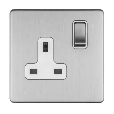 Click Here To Enlarge This Photo Of ECSS1SOW - Eurolite 1 Gang 13Amp DP Switched Socket on 3mm Flat Concealed Satin Stainless Plate with Matching Rocker & White Trim