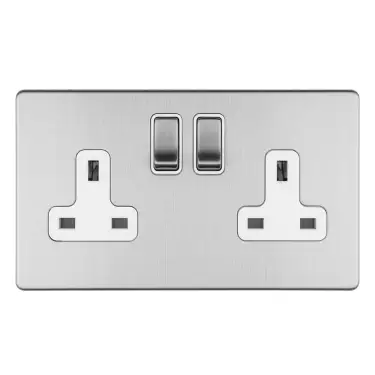 Click Here To Enlarge This Photo Of ECSS2SOW - Eurolite 2 Gang 13Amp DP Switched Socket on 3mm Flat Concealed Satin Stainless Plate with Matching Rocker & White Trim