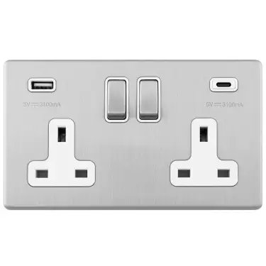 Click Here To Enlarge This Photo Of ECSS2USBCW - Eurolite 2 Gang 13Amp DP Switched Socket on 3mm Flat Concealed Satin Stainless Plate with 3.1Amp USB Outlets (1x Type A + 1x Type C) Matching Rocker with White Trim