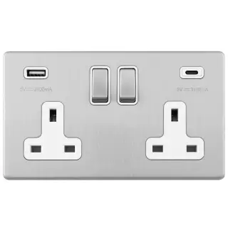 ECSS2USBCW - Eurolite 2 Gang 13Amp DP Switched Socket on 3mm Flat Concealed Satin Stainless Plate with 3.1Amp USB Outlets (1x Type A + 1x Type C) Matching Rocker with White Trim