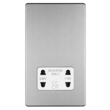 Click Here To Enlarge This Photo Of ECSSSHSW - Eurolite 2 Gang Shaver Socket 230/115V on 3mm Flat Concealed Satin Stainless Plate with White Trim