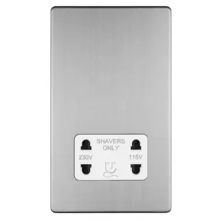ECSSSHSW - Eurolite 2 Gang Shaver Socket 230/115V on 3mm Flat Concealed Satin Stainless Plate with White Trim