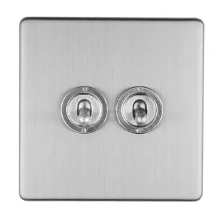 ECSST2SW - Eurolite 2 Gang 10Amp 2Way Toggle Switch on 3mm Flat Concealed Satin Stainless Plate