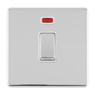 ECPC20ADPSWNW - Eurolite 1 Gang 20Amp DP Switch & Neon Indicator on 3mm Flat Concealed Polished Chrome Plate with Matching Rocker & White Trim