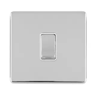 ECPC20ADPSWW - Eurolite 1 Gang 20Amp DP Switch on 3mm Flat Concealed Polished Chrome Plate with Matching Rocker & White Trim
