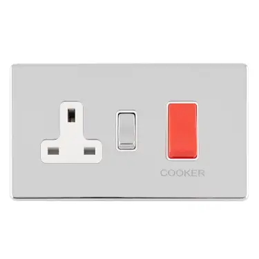 Click Here To Enlarge This Photo Of ECPC45ASWASW - Eurolite 45Amp DP Cooker Switch with 13Amp Socket on 3mm Flat Concealed Polished Chrome Plate with Matching Rocker & White Trim