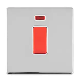 ECPC45ASWNSW - Eurolite 1 Gang 45Amp DP Switch with Neon Indicator on 3mm Flat Concealed Polished Chrome Plate with Matching Rocker & White Trim