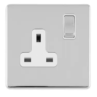 Click Here To Enlarge This Photo Of ECPC1SOW - Eurolite 1 Gang 13Amp DP Switched Socket on 3mm Flat Concealed Polished Chrome Plate with Matching Rocker & White Trim