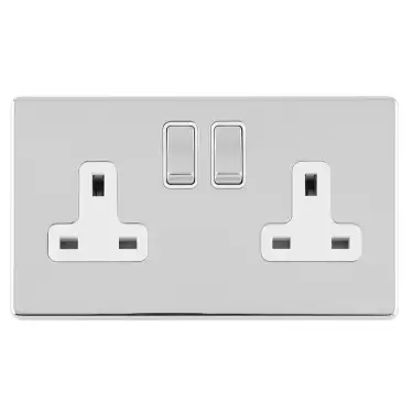 Click Here To Enlarge This Photo Of ECPC2SOW - Eurolite 2 Gang 13Amp DP Switched Socket on 3mm Flat Concealed Polished Chrome Plate with Matching Rocker & White Trim