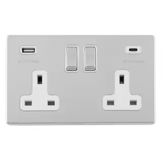 ECPC2USBCW - Eurolite 2 Gang 13Amp DP Switched Socket on 3mm Flat Concealed Polished Chrome Plate with 3.1Amp USB Outlets (1x Type A + 1x Type C) Matching Rocker with White Trim