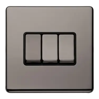 Click Here To Enlarge This Photo Of ECBN3SWB - Eurolite 3 Gang 10Amp 2Way Switch on 3mm Flat Concealed Black Nickel Plate with Matching Rockers