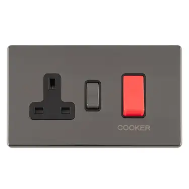 Click Here To Enlarge This Photo Of ECBN45ASWASB - Eurolite 45Amp DP Cooker Switch with 13Amp Socket on 3mm Flat Concealed Black Nickel Plate with Matching Rocker