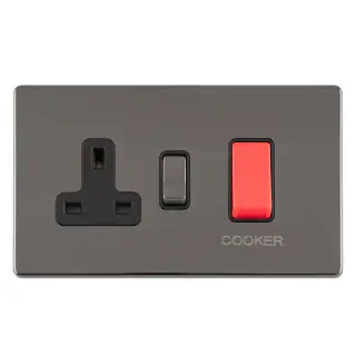 ECBN45ASWASB - Eurolite 45Amp DP Cooker Switch with 13Amp Socket on 3mm Flat Concealed Black Nickel Plate with Matching Rocker
