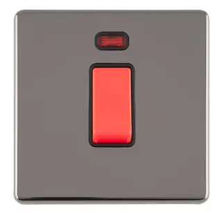 ECBN45ASWNSB - Eurolite 1 Gang 45Amp DP Switch with Neon Indicator on 3mm Flat Concealed Black Nickel Plate with Matching Rocker