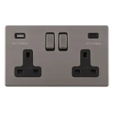 Click Here To Enlarge This Photo Of ECBN2USBCB - Eurolite 2 Gang 13Amp DP Switched Socket on 3mm Flat Concealed Black Nickel Plate with 3.1Amp USB Outlets (1x Type A + 1x Type C) Matching Rocker with Black Trim