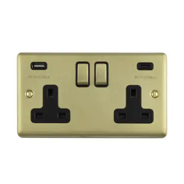 Click Here To Enlarge This Photo Of EN2USBCSBB - Eurolite 2 Gang 13Amp Switched Socket with 3.1Amp USB Outlets (1x Type A + 1x Type C) Satin Brass with Black Trim (Enhance Range)