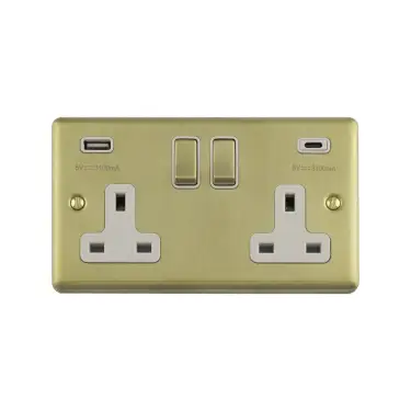 Click Here To Enlarge This Photo Of EN2USBCSBW - Eurolite 2 Gang 13Amp Switched Socket with 3.1Amp USB Outlets (1x Type A + 1x Type C) Satin Brass with White Trim (Enhance Range)