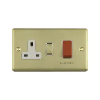 EN45ASWASSBW - Eurolite 45Amp DP Cooker Switch with 13Amp Socket Satin Brass with White Trim (Enhance Range)