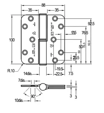 Click Here To Enlarge This Photo Of H101-LR-BZP Royde & Tucker 100mm x 88mm x 3mm Grade 11 Hi-Load Two Knuckle Lift Off Butt Hinge (Left Hand) Bright Zinc Plated