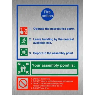 Click Here To Enlarge This Photo Of Brushed Aluminium (3mm) 3 Point Fire Action Notice Sign